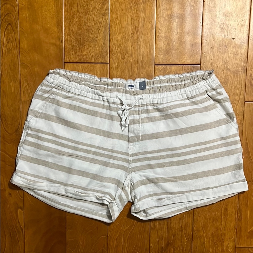 Old Navy Linen Blend High Waist Striped Shorts L Tan Cream Boho Coastal Beach - Picture 2 of 12